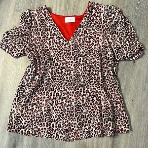 Adrienne red and black leopard print top with ruched sleeves